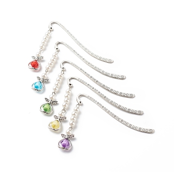 Alloy Bookmarks, Acrylic Imitation Pearl Beaded Angel Pendants Bookmarks, Mixed Color, 83.5x13x1.5mm