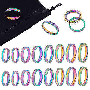16Pcs 8 Size 201 Stainless Steel Grooved Finger Ring for Women, Rainbow Color, US Size 5 1/4(15.9mm)~US Size 14(23mm), 2Pcs/size