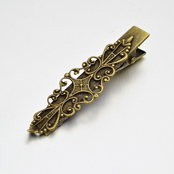 Vintage Hair Accessories Iron Alligator Hair Clip Findings, with Brass Filigree Flower Cabochon Bezel Settings, Nickel Free, Antique Bronze, 63x16x10mm, Filigree Flower: 57x16x1mm