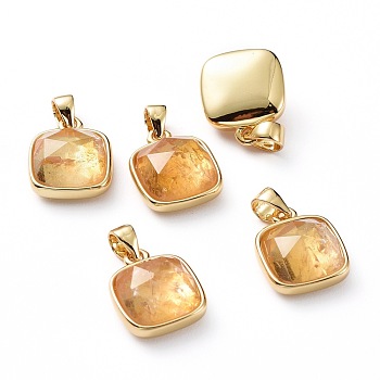 Natural Citrine Charms, with Golden Plated Brass Findings, Faceted Square, 13~13.5x11x5.5~6.5mm, Hole: 3x4.5mm