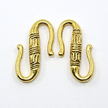 Tibetan Style S-Hook Clasps, Lead Free and Cadmium Free, Antique Golden, about 6.5mm in diameter, 22mm long