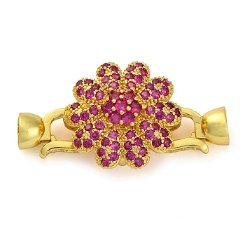 Brass Micro Pave Cubic Zirconia Fold Over Clasps, Lead Free & Cadmium Free, Golden, Flower, Golden, Medium Violet Red, 37mm