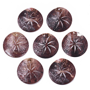 Natural Akoya Shell Pendants, Mother of Pearl Shell Pendants, Dyed, 
Flat Round, Saddle Brown, 33x5~7mm, Hole: 1.6~2mm
