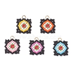 Handmade Glass Seed Beaded  Window Lattice Pattern Shape Pendants, with 304 Stainless Steel Jump Rings Loop, Mixed Color, 16.5x16.5x1.5mm, Hole: 3mm(PALLOY-MZ00929)
