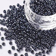 8/0 Glass Seed Beads, Metallic Colours, Round, Round Hole, Black, 8/0, 3mm, Hole: 1mm, about 1111pcs/50g, 50g/bag, 18bags/2pounds(SEED-US0003-3mm-606)