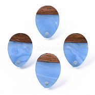 Resin & Walnut Wood Stud Earring Findings, with 304 Stainless Steel Pin, Teardrop, Cornflower Blue, 17x13mm, Hole: 1.8mm, Pin: 0.7mm(MAK-N032-006A-H04)