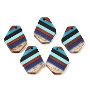 Transparent Resin & Walnut Wood Pendants, Irregular Hexagon Charms with Gold Foil, Colorful, 28x22x3mm, Hole: 2mm(RESI-E050-11)