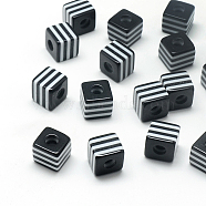 Opaque Stripe Resin Beads, Cube, Black, 10x10x10mm, Hole: 4mm(X-RESI-S342-10x10-01)
