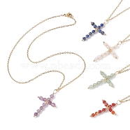 Natural Mixed Gemstone Beaded Cross Pendant Necklace, Golden Stainless Steel for Women, Mixed Color, 17.52 inch(44.5cm)(NJEW-JN04357)