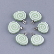 Handmade Porcelain Charms, Bright Glazed Porcelain, with Brass Findings, Flat Round, Platinum, Light Green, 14~15x12~13x3mm, Hole: 1.5mm(PORC-T002-96A)