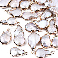 Electroplate Natural Baroque Pearl Keshi Pearl Pendants, Cultured Freshwater Pearl, with Iron Findings, Flat Round, Golden, 20~35x10~16x4~8mmmm, Hole: 1.8mm(PEAR-Q008-22G)
