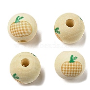 Autumn Wood European Beads, Printed Large Hole Beads, Round, Pumpkin, 16mm, Hole: 4mm(WOOD-H105-04C-01)