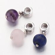 Natural Gemstone European Dangle Charms, Round, Antique Silver, 22mm, Hole: 5mm(PALLOY-JF00226)
