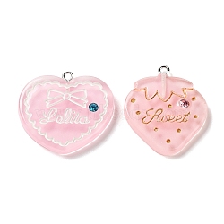 Translucent Resin Rhinestone Pendants, with Platinum Plated Iron Loops, Heart & Strawberry, Mixed Shapes, Pink, 29~32x27.5~31x4.5mm, Hole: 2mm(RESI-P034-03P)
