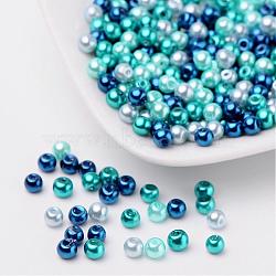 Carribean Blue Mix Pearlized Glass Pearl Beads, Mixed Color, 4mm, Hole: 1mm, about 400pcs/bag(HY-X006-4mm-03)
