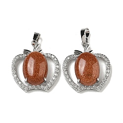 Synthetic Goldstone with Clear Cubic Zirconia Pendants, Apple Charms with Rack Plating Brass Findings, Platinum, Cadmium Free & Lead Free, 28.5x25.5x9~10mm, Hole: 7x5mm(G-G133-03P-25)