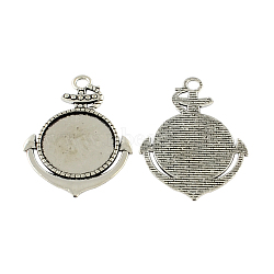 Tibetan Style Zinc Alloy Anchor Pendant Cabochons Settings, Lead Free & Cadmium Free, Antique Silver, Flat Round Tray: 25mm, 49.3x36.6x2mm, Hole: 4mm, about 84pcs/500g(TIBEP-R334-258AS-RS)