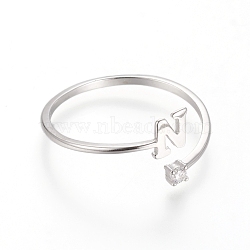 925 Sterling Silver Cuff Rings, Open Rings, with Cubic Zirconia, Platinum, Clear, Letter.N, letter N: about 4.5x4x0.8mm, Size 7, 17mm(STER-D033-01N-P)