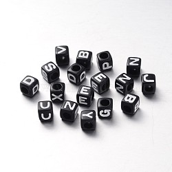 Opaque Acrylic European Large Hole Beads, Horizontal Hole, Letter Cube, Black, Random Mixed Letters, 7x7x7mm, Hole: 4mm, about 2450pcs/500g(SACR-O002-01)