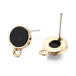 Alloy Stud Earring Findings, with Raw(Unplated) Pins & Imitation Leather & Horizontal Loops, Flat Round, Light Gold, Black, 11x8mm, Hole: 1.2mm, Pin: 0.8mm(PALLOY-T056-129A-01)