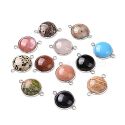 Natural & Synthetic Mixed Gemstone Connector Charms, Half Round Links, with Stainless Steel Color Tone 304 Stainless Steel Findings, 19.5x27.5x7mm, Hole: 2mm(G-D059-01E)