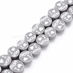 Handmade Polymer Clay Bead Strands, Mother's Day Theme, Flat Round with Word I Love MOM, Dark Gray, 8x4mm, Hole: 1.4mm, about 40pcs/strand, 13.58 inch~ 14.37 inch(34.5cm~36.5cm)(CLAY-S096-013E)