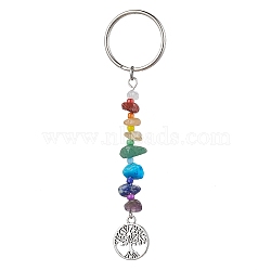 Tree of Life Tibetan Style Alloy Pendant Keychains, with Natural Gemstone Chip Beads and Iron Split Key Rings, Flat Round, 10.3cm(KEYC-JKC00689-05)