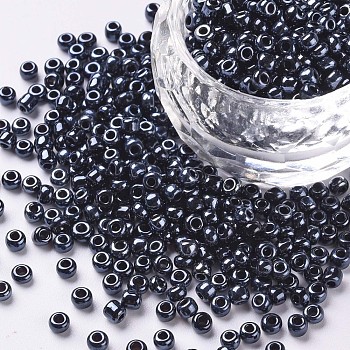 8/0 Glass Seed Beads, Metallic Colours, Round, Round Hole, Black, 8/0, 3mm, Hole: 1mm, about 1111pcs/50g, 50g/bag, 18bags/2pounds