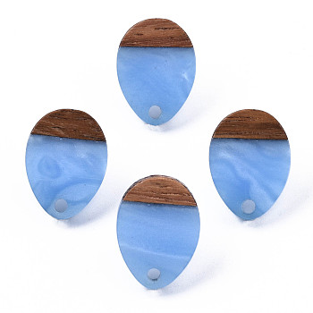 Resin & Walnut Wood Stud Earring Findings, with 304 Stainless Steel Pin, Teardrop, Cornflower Blue, 17x13mm, Hole: 1.8mm, Pin: 0.7mm