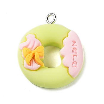 Opaque Resin Imitation Food Pendants, Donut Charms with Platinum Plated Iron Loops for DIY Necklace, Green Yellow, 26.5x24x8mm, Hole: 1.9mm