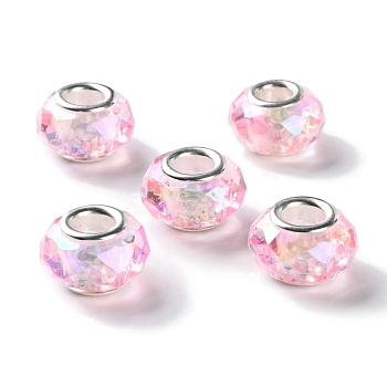 Shell Transparent Brass Cores Acrylic European Beads, Rondelle, Large Hole Bead, Faceted, Silver, Pearl Pink, 15x9mm, Hole: 5mm