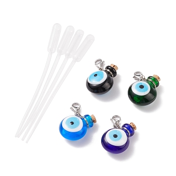Handmade Lampwork Evil Eye Perfume Bottle Pendant Decorations, Lobster Clasp Charms, with Plastic Transfer Pipettes, Mixed Color, Pendant Decoration: 40mm, Capacity: 0.5~1ml(0.02~0.03fl. oz), Pipette: 114x7.5mm, 2pcs/set