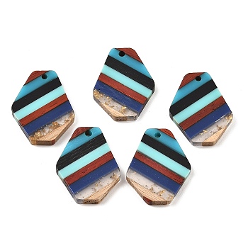 Transparent Resin & Walnut Wood Pendants, Irregular Hexagon Charms with Gold Foil, Colorful, 28x22x3mm, Hole: 2mm