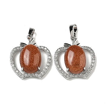 Synthetic Goldstone with Clear Cubic Zirconia Pendants, Apple Charms with Rack Plating Brass Findings, Platinum, Cadmium Free & Lead Free, 28.5x25.5x9~10mm, Hole: 7x5mm