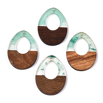 Transparent Resin & Walnut Wood Pendants, with Glitter Powder, Hollow Teardrop Charms, Light Sea Green, 37.5x28x3.5mm, Hole: 2mm