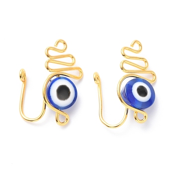 Brass Nose Rings, with Evil Eye Resin Beads, Nose Cuff Non Piercing, Clip on Nose Ring for Women Men, Blue, Golden, 21x12x13mm, Hole: 1.5mm