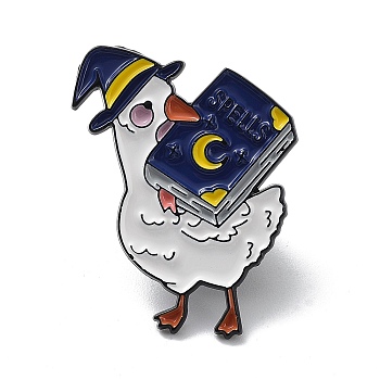 Duck Magician with Book Enamel Pins, Black Alloy Badge for Women, White, 26x19.6x1.3mm