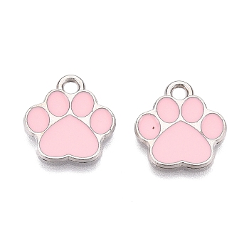 Alloy Enamel Pendants, Platinum, Lead Free & Cadmium Free, Paw Print Charm, Pink, 15.5x14x1mm, Hole: 2mm