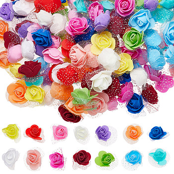 210Pcs 14 Colors 3D Foam Rose Ornament Accessories, Imitation Flower, with Organza, Mixed Color, 43~45x39~45x21.5~22mm, 15pcs/color