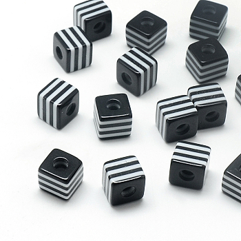 Opaque Stripe Resin Beads, Cube, Black, 10x10x10mm, Hole: 4mm