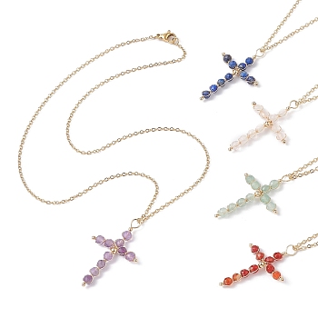 Natural Mixed Gemstone Beaded Cross Pendant Necklace, Golden Stainless Steel for Women, Mixed Color, 17.52 inch(44.5cm)