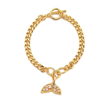 Brass Micro Pave Cubic Zirconia Bracelets, Alloy Enamel Fishtail Charm Bracelet for Women, Real 18K Gold Plated, 6-7/8 inch(17.6cm), Pendant: 16x16.5mm