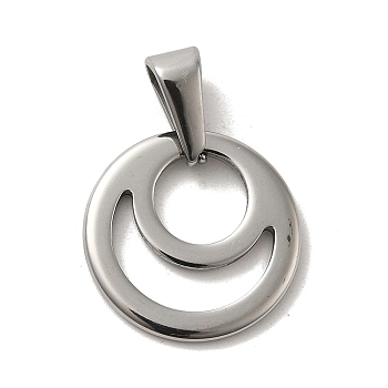 304 Stainless Steel Pendants, Flat Round with Moon Charm, Stainless Steel Color, 16x1.5mm, Hole: 3x7mm