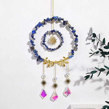 Wire Wrapped Natural Lapis Lazuli Chips Ring Pendant Decoration, Hanging Suncatchers, with Metal Sun Link and Glass Leaf Charm, for Home Decoration, 440mm