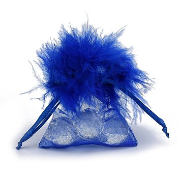 Organza Gift Bags, with Drawstring and Feather, Jewelry Pouches Bags, for Wedding Party Candy Mesh Bags, Rectangle, Blue, 9x7.5x0.05cm