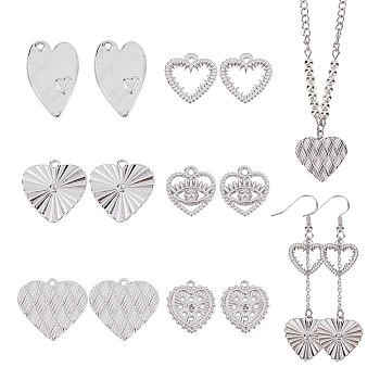 12Pcs 6 Style 304 Stainless Steel Pendants, Heart, Stainless Steel Color, 15~23.5x15~22x1.5~2mm, Hole: 1.4~1.8mm, 2pcs/style