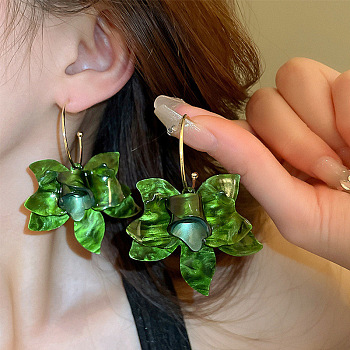 Iron Acrylic Dangle Stud Earrings, Flower, Golden, Green, 68x55mm
