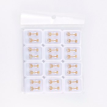 304 Stainless Steel Earlobe Plugs, Screw Back Earrings, with Glass Rhinestone, Crystal, Golden, 4mm, Pin: 1mm, 12pairs/bag