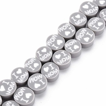 Handmade Polymer Clay Bead Strands, Mother's Day Theme, Flat Round with Word I Love MOM, Dark Gray, 8x4mm, Hole: 1.4mm, about 40pcs/strand, 13.58 inch~ 14.37 inch(34.5cm~36.5cm)