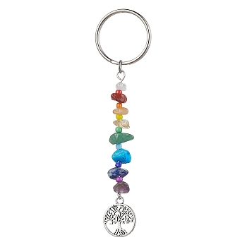 Tree of Life Tibetan Style Alloy Pendant Keychains, with Natural Gemstone Chip Beads and Iron Split Key Rings, Flat Round, 10.3cm